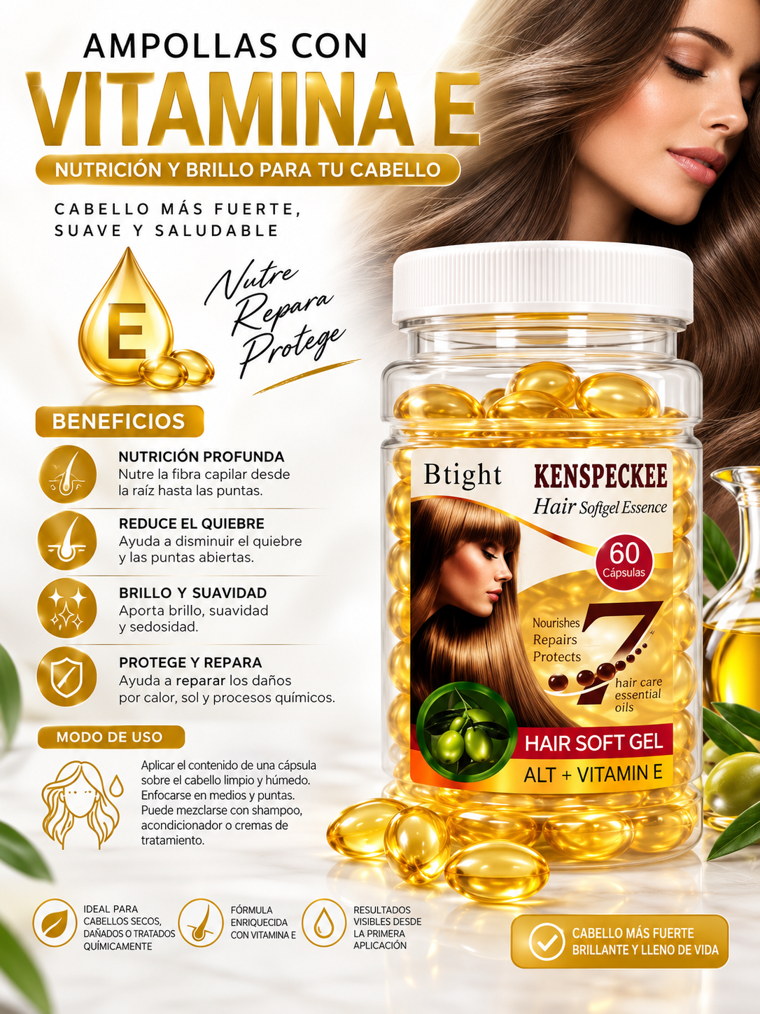 Infografía de beneficios: nutrición profunda, reduce quiebre, brillo, suavidad y protección