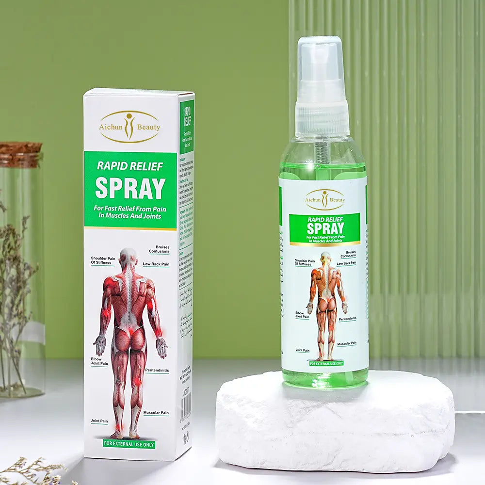 Aichun Rapid Relief Spray – frasco y caja sobre fondo verde