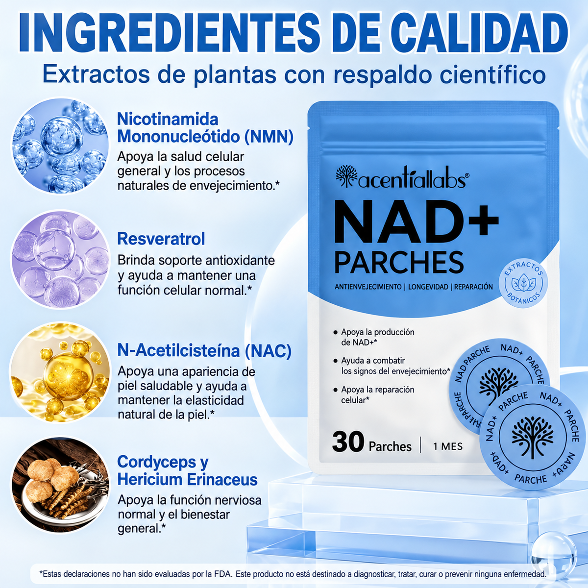 Parches NAD+ Acentia Labs con liberación sostenida y aplicación sencilla
