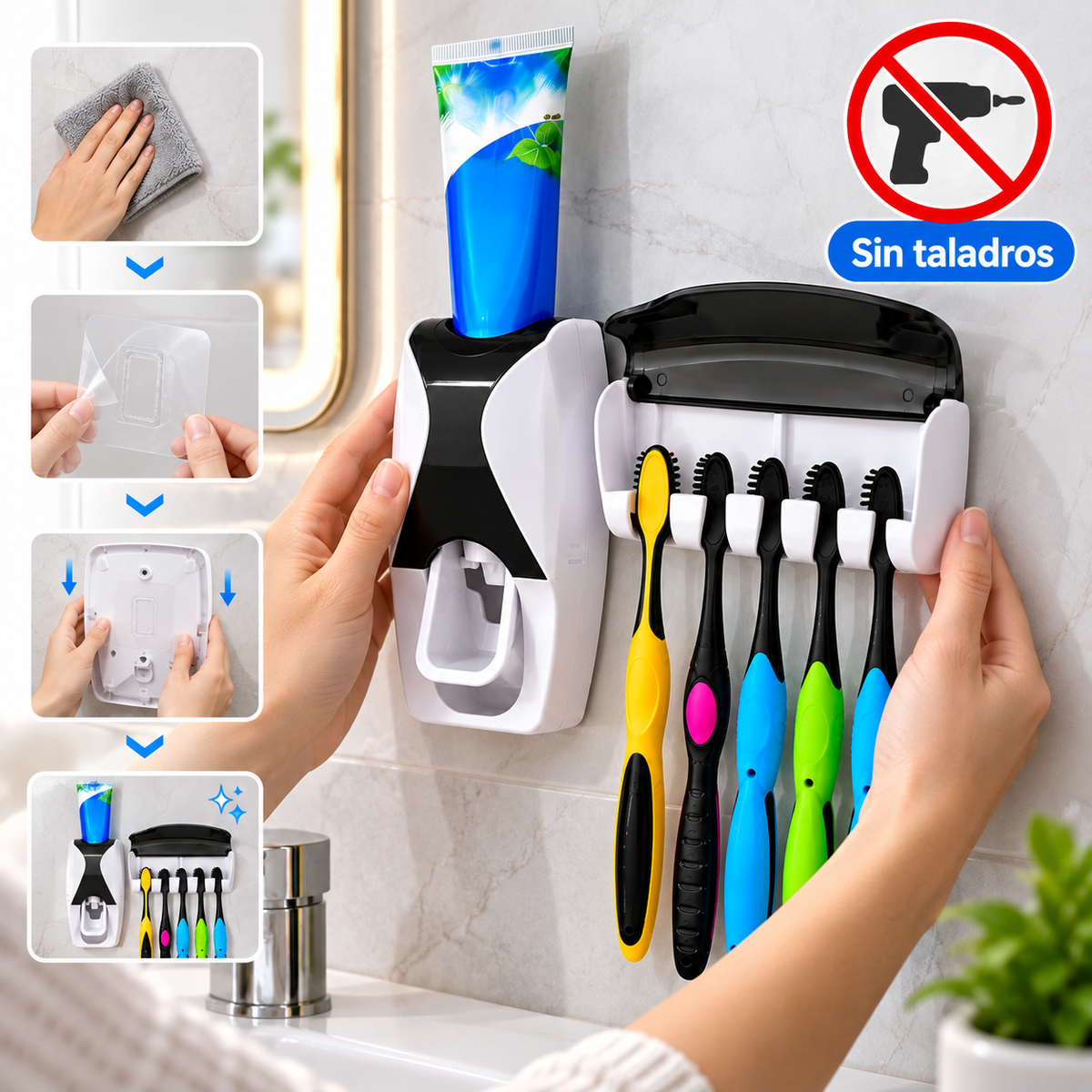 Dispensador automático de pasta dental y soporte para cepillos sobre fondo blanco