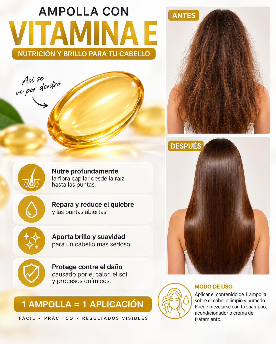 Cápsula de Vitamina E – antes y después – modo de uso: 1 ampolla = 1 aplicación
