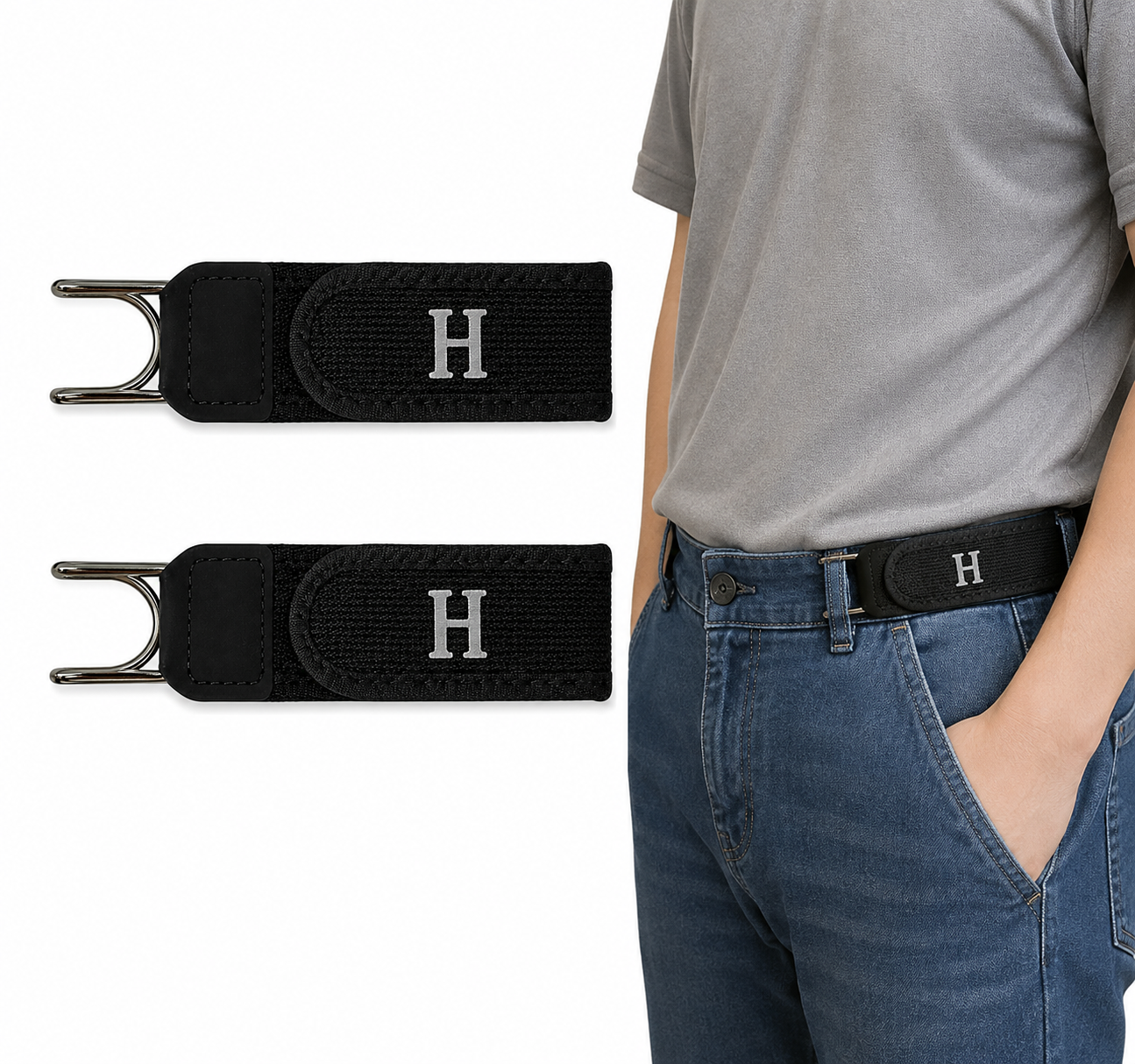 Cinturón elástico sin hebilla en uso – enganchado a las presillas del pantalón jean