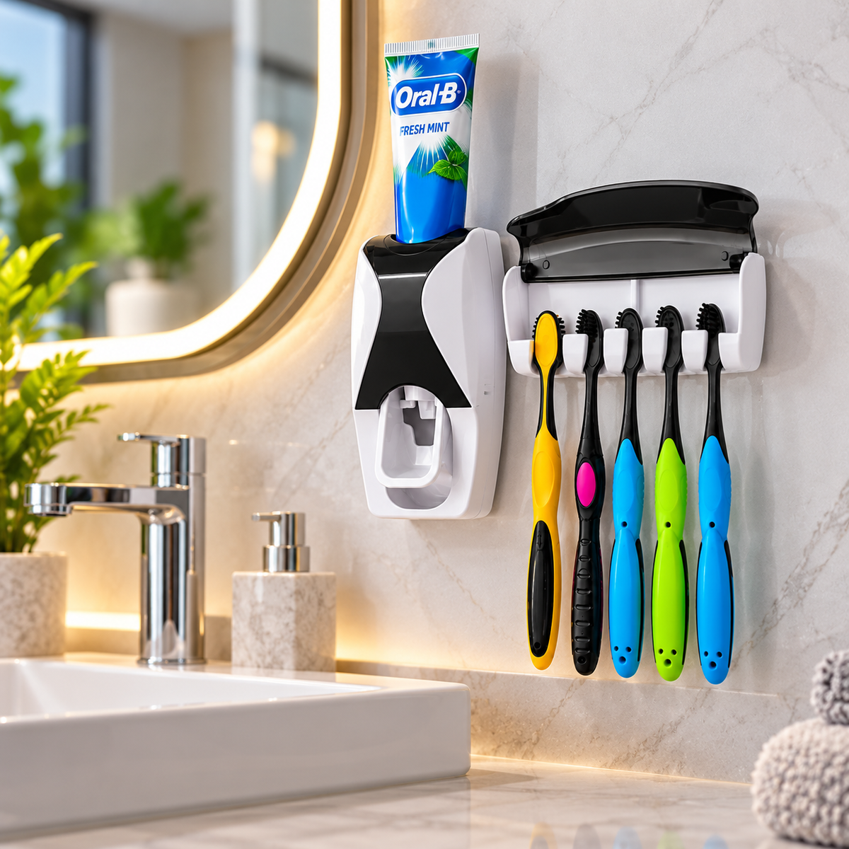 Dispensador automático de pasta dental en uso – pasta saliéndo directo sobre el cepillo