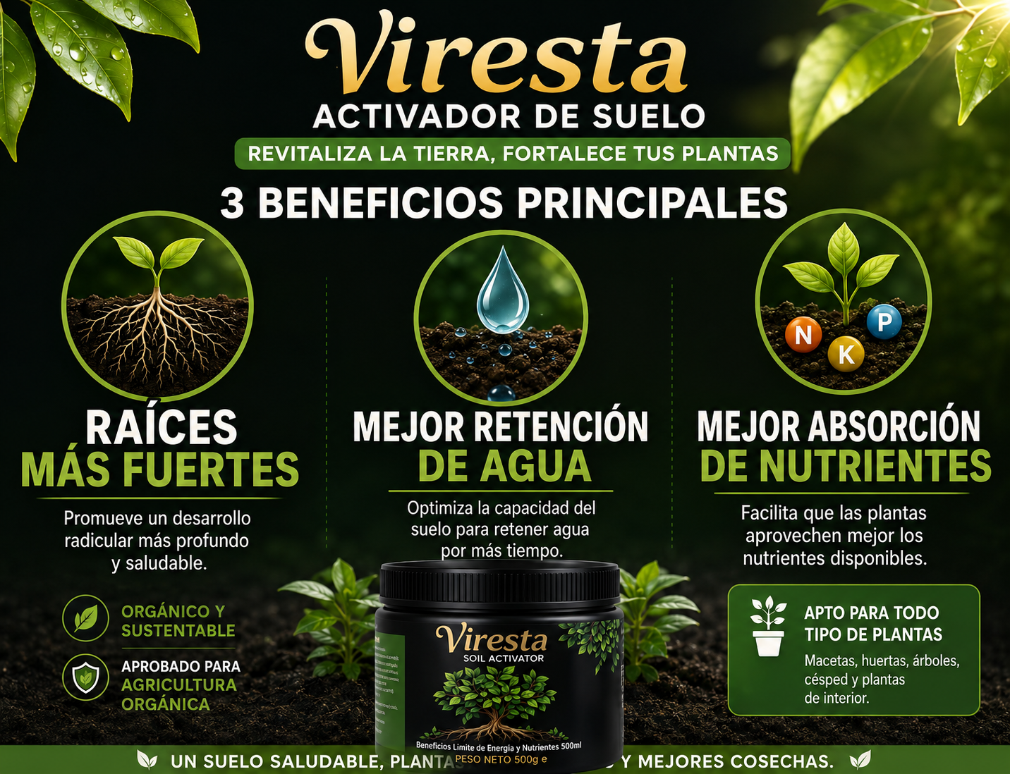 Viresta – 3 beneficios principales: raíces fuertes, retención de agua y absorción de nutrientes