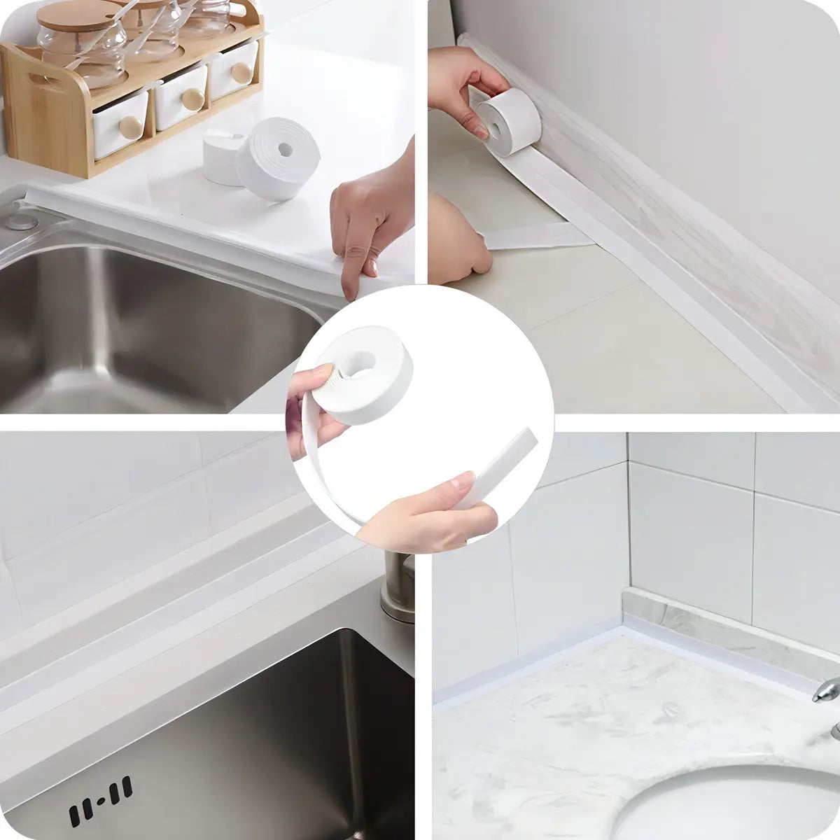 Aplicación de cinta selladora impermeable en una junta de baño