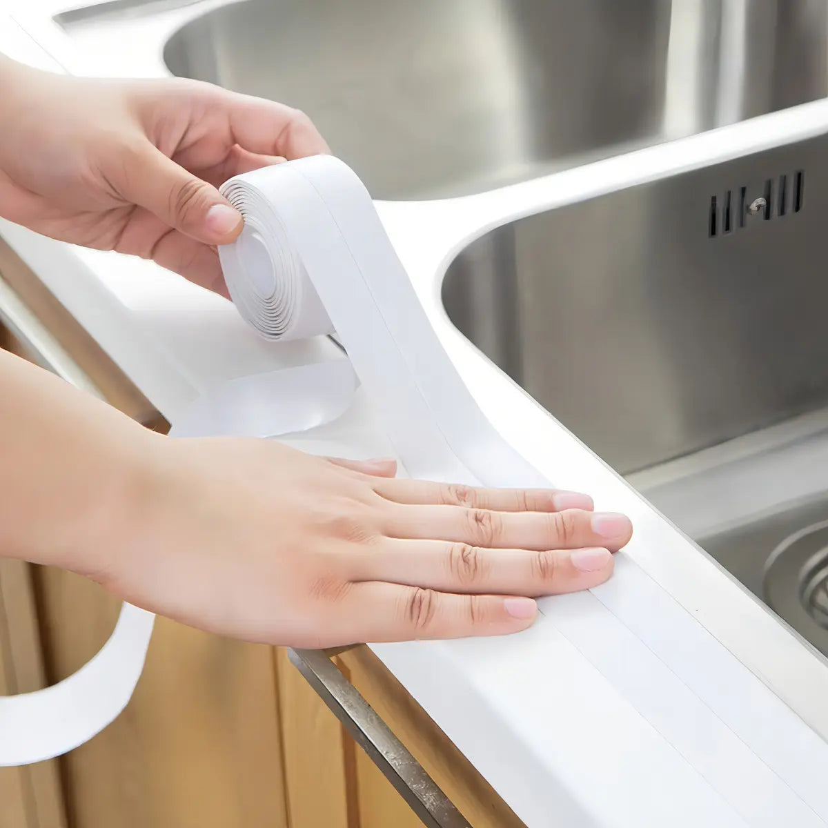 Cinta selladora aplicada en lavamanos, mesada y baño