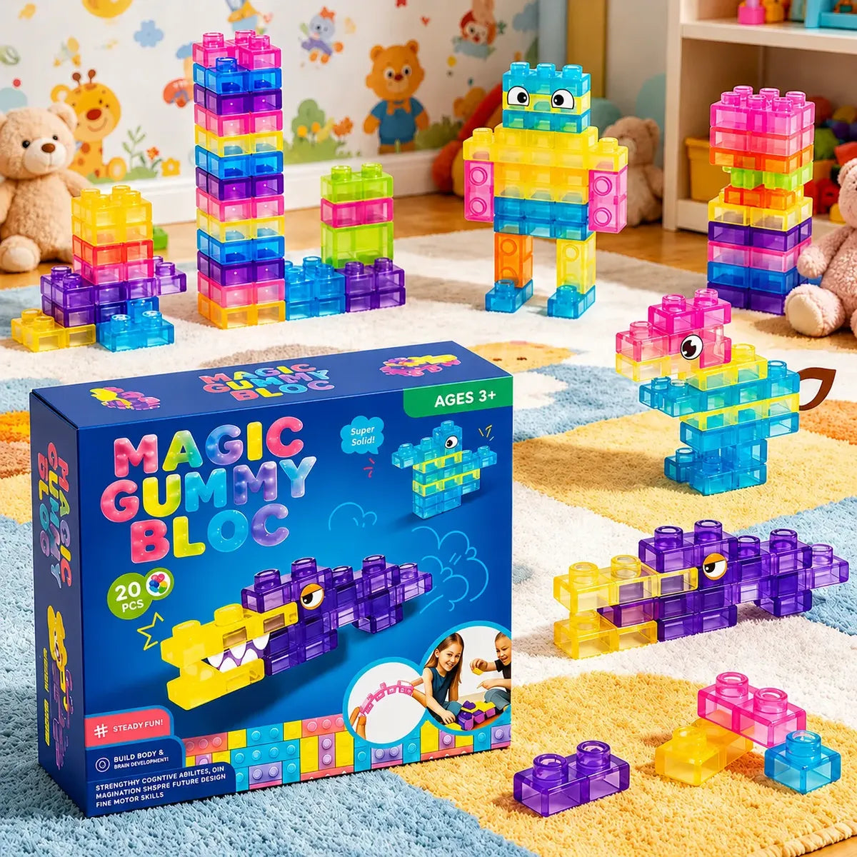 Magic Gummy Bloc – niños jugando en el piso con figuras de animales y robots