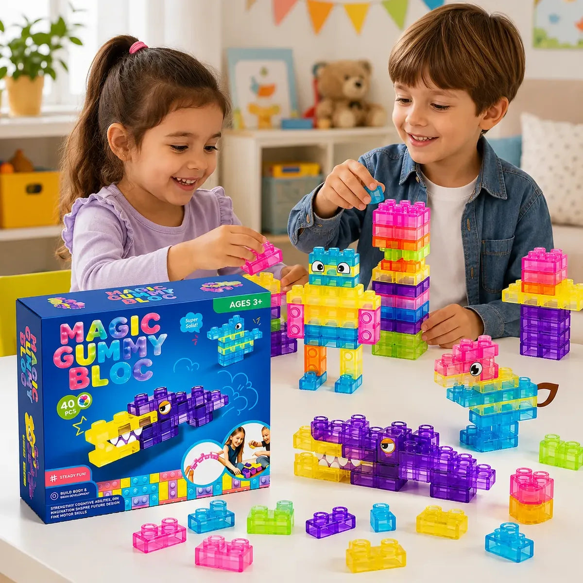 Niños armando figuras con bloques Magic Gummy Bloc en la mesa