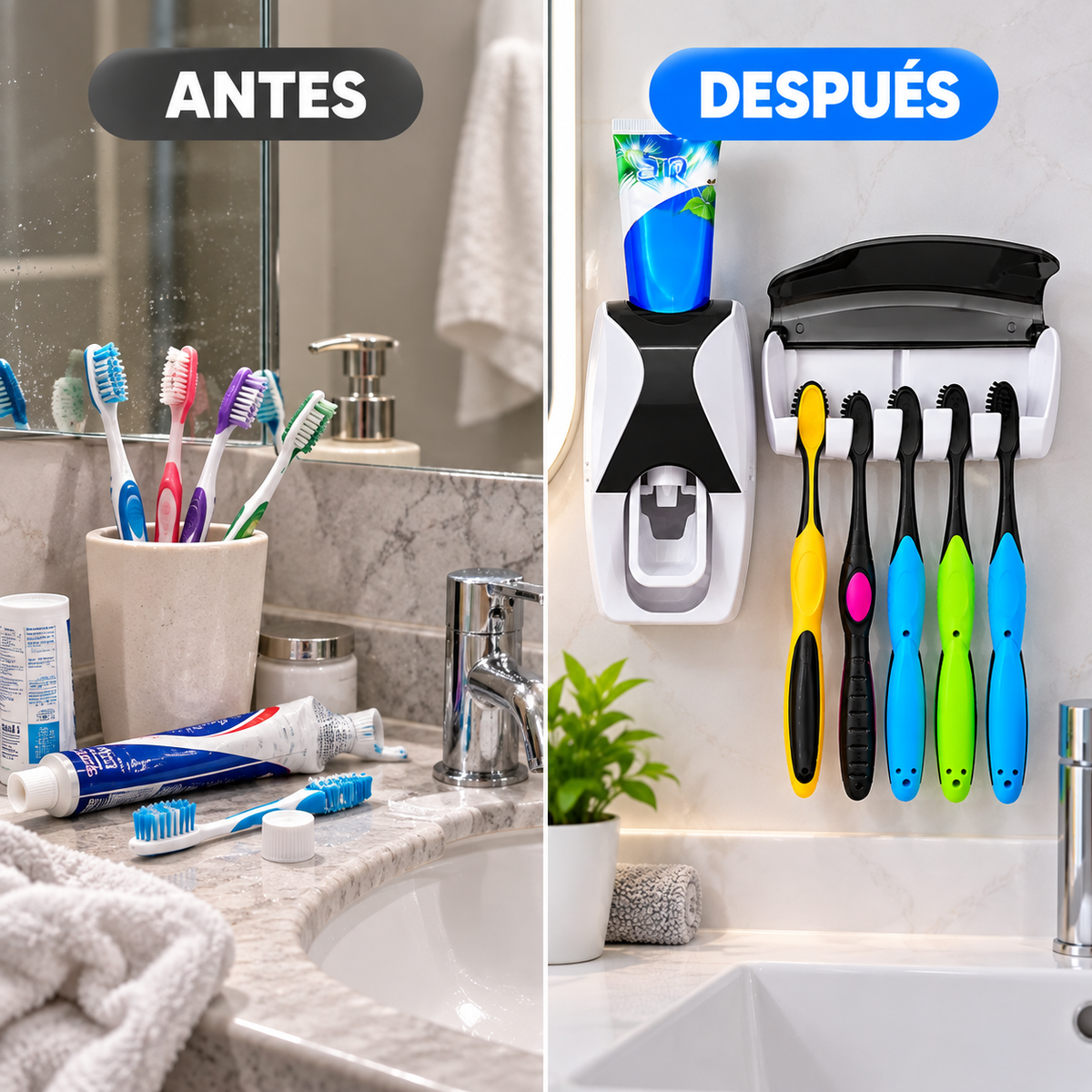 Dispensador de pasta dental con soporte para 5 cepillos en baño de mármol iluminado