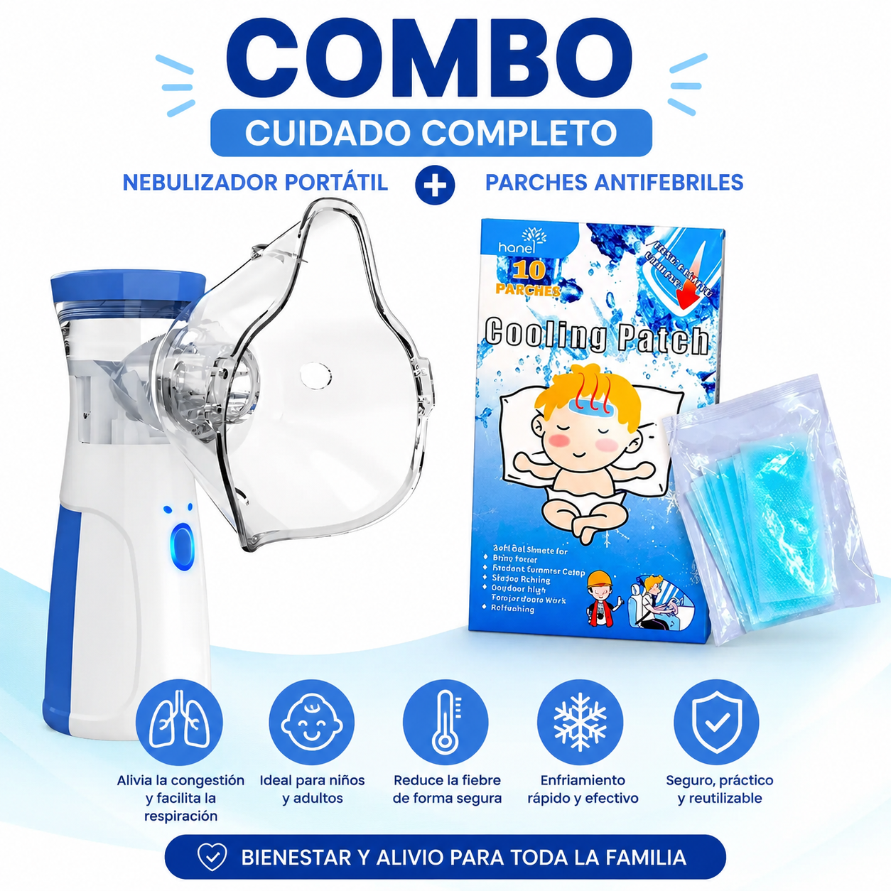 Combo Respiración y Fiebre – Nebulizador Portátil + Parches Antifebriles