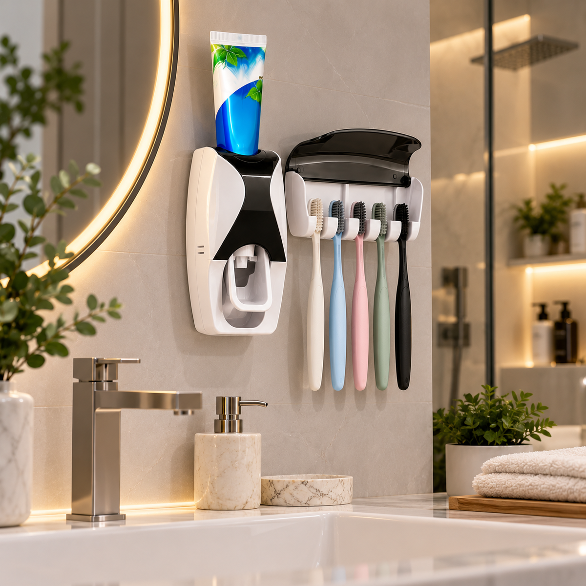 Dispensador automático de pasta dental sin taladros – instalación paso a paso y soporte para 5 cepillos