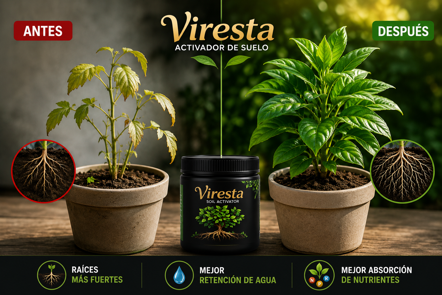 Viresta Activador de Suelo – antes y después: raíces más fuertes y plantas más vigorosas