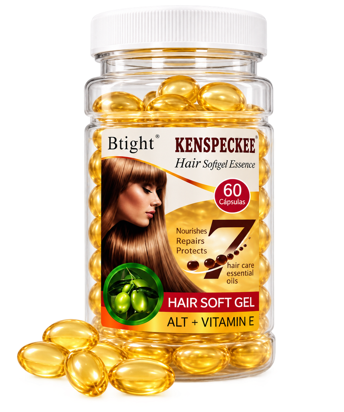 Frasco de Btight Kenspeckee Hair Softgel 60 cápsulas con Vitamina E y aceites esenciales