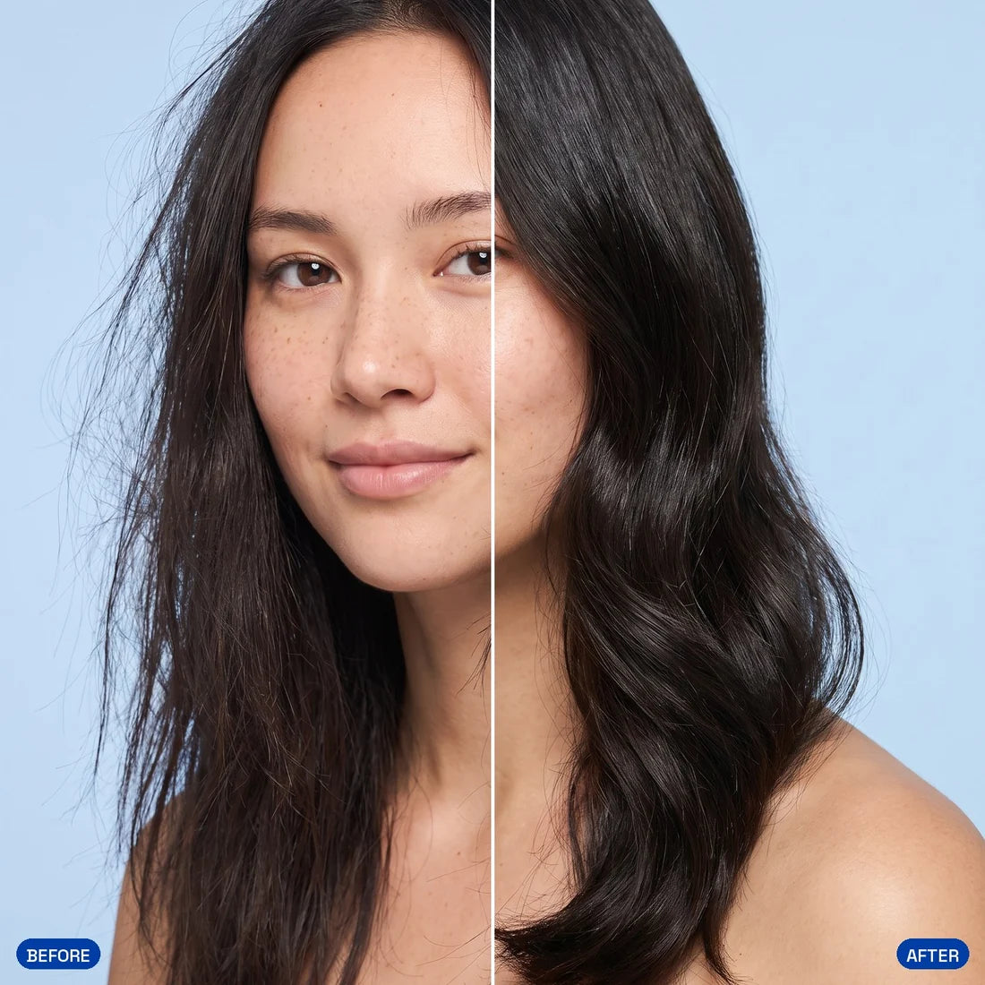 Antes y después – cabello opaco y con frizz vs. cabello brillante, liso y definido
