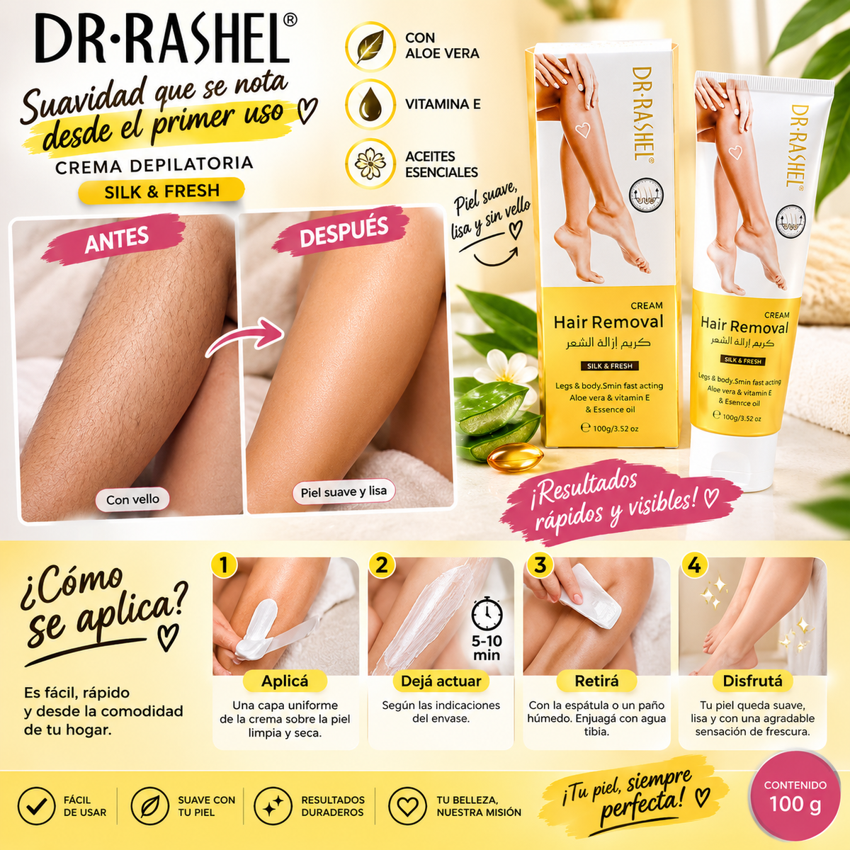 Modo de uso de la crema depilatoria Dr. Rashel sobre la piel