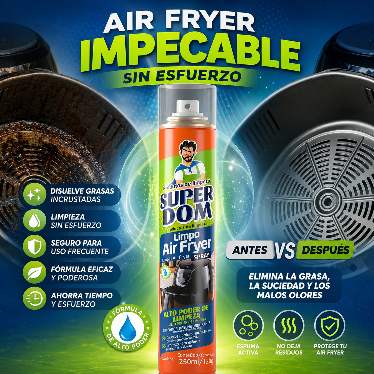 SUPER DOM Limpia Air Fryer - Beneficios y antes/después