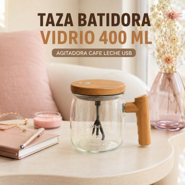 Taza batidora de vidrio 400ml con tapa y asa símil bambú