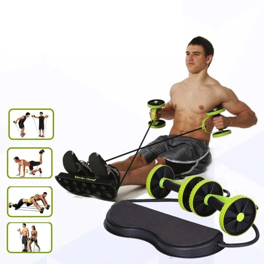 Caja del producto Revoflex Xtreme con accesorios y manual de ejercicios