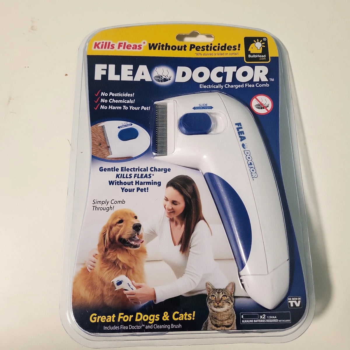 Flea Doctor – peine eléctrico antipulgas mango ergonómico azul y blanco